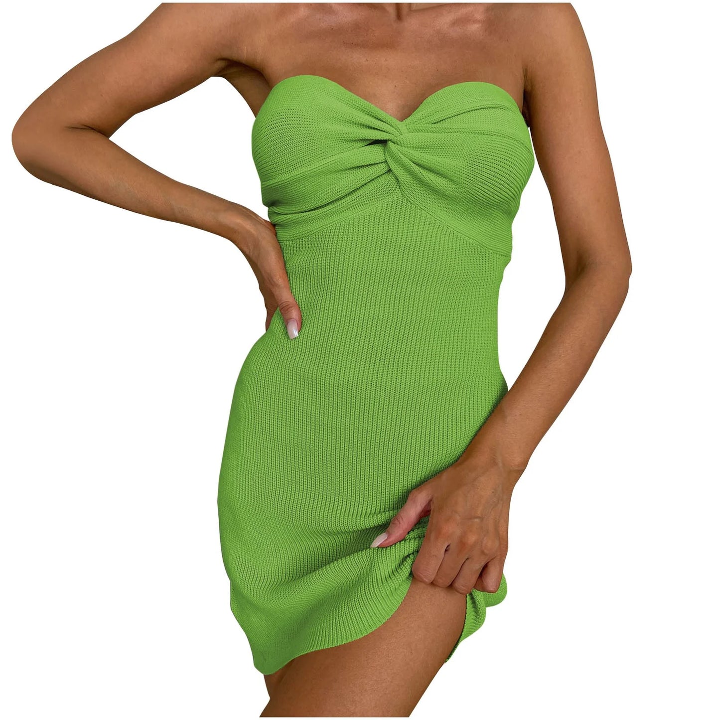 Summer Saving Womens Dresses Sleeveless Tube Top Solid Mini Summer Dress Party Club Sexy off Shoulder Bodycon Knitted Dresses Green up to 65% Off