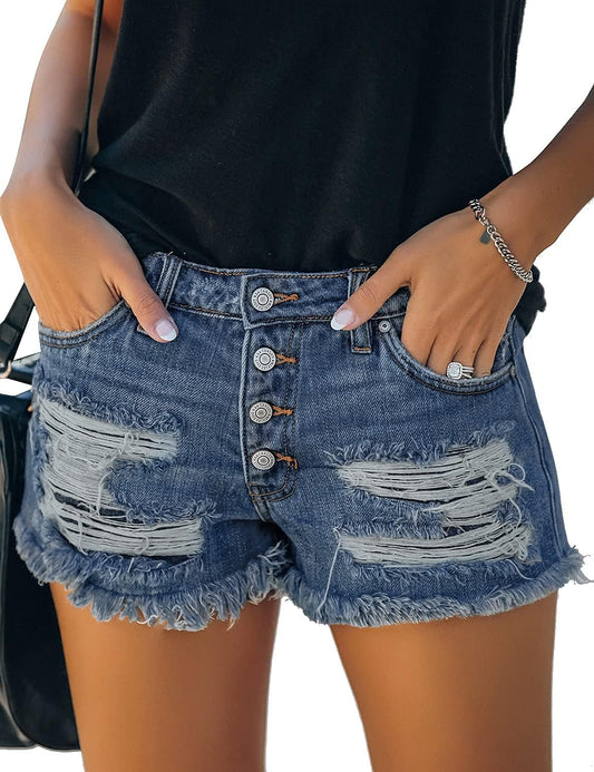 Women Casual Summer Mid Waist Stretchy Ripped Denim Jean Shorts