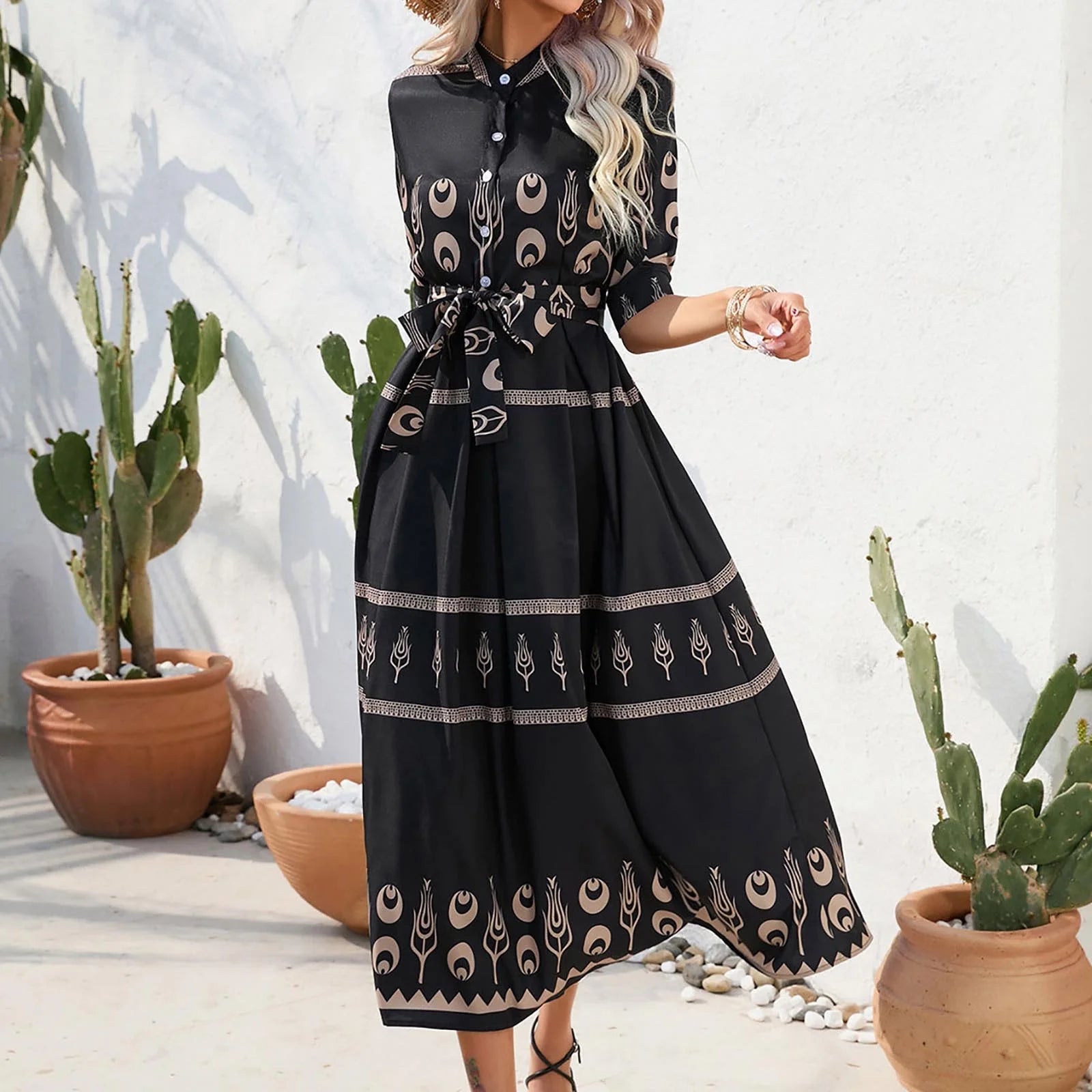 Maxi Dresses for Women round Neck Short Sleeve Western Print Summer Long Dress Tie Waist Vintage Graphics Button Swing a Line Dresses Black Xl