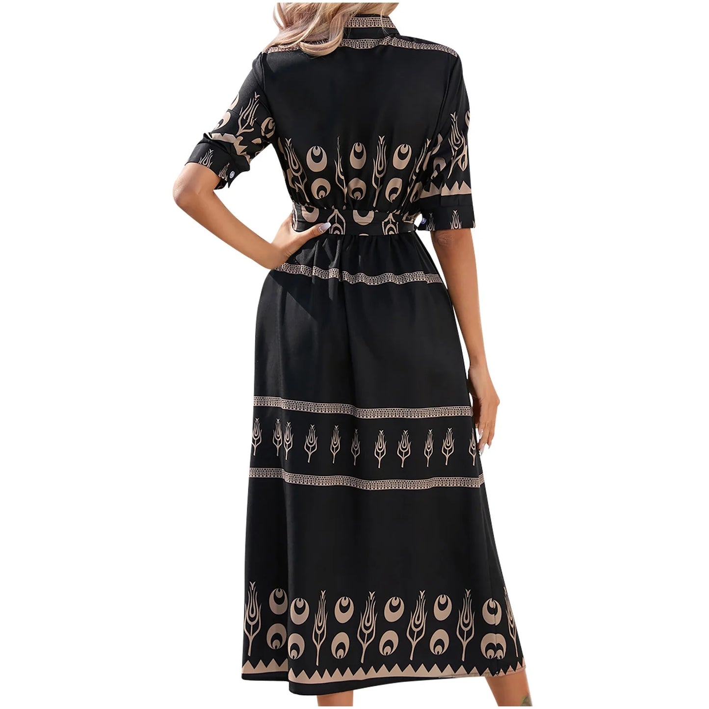 Maxi Dresses for Women round Neck Short Sleeve Western Print Summer Long Dress Tie Waist Vintage Graphics Button Swing a Line Dresses Black Xl