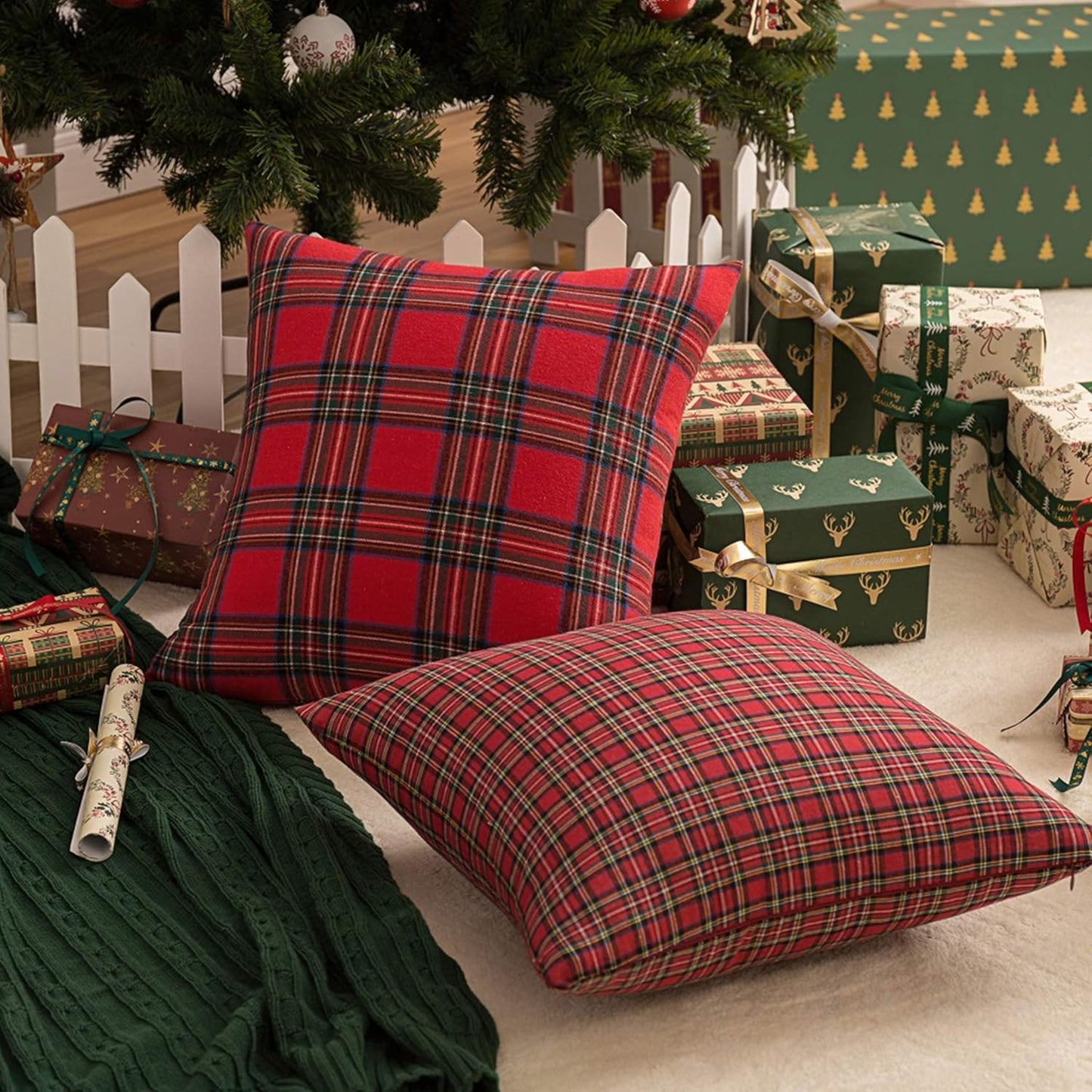 Pack of 2 Christmas Plaid Decorative Throw Pillow Covers Scottish Tartan Cushion Case for Farmhouse Home Holiday Decor Red and Green, 18 X 18 Inches