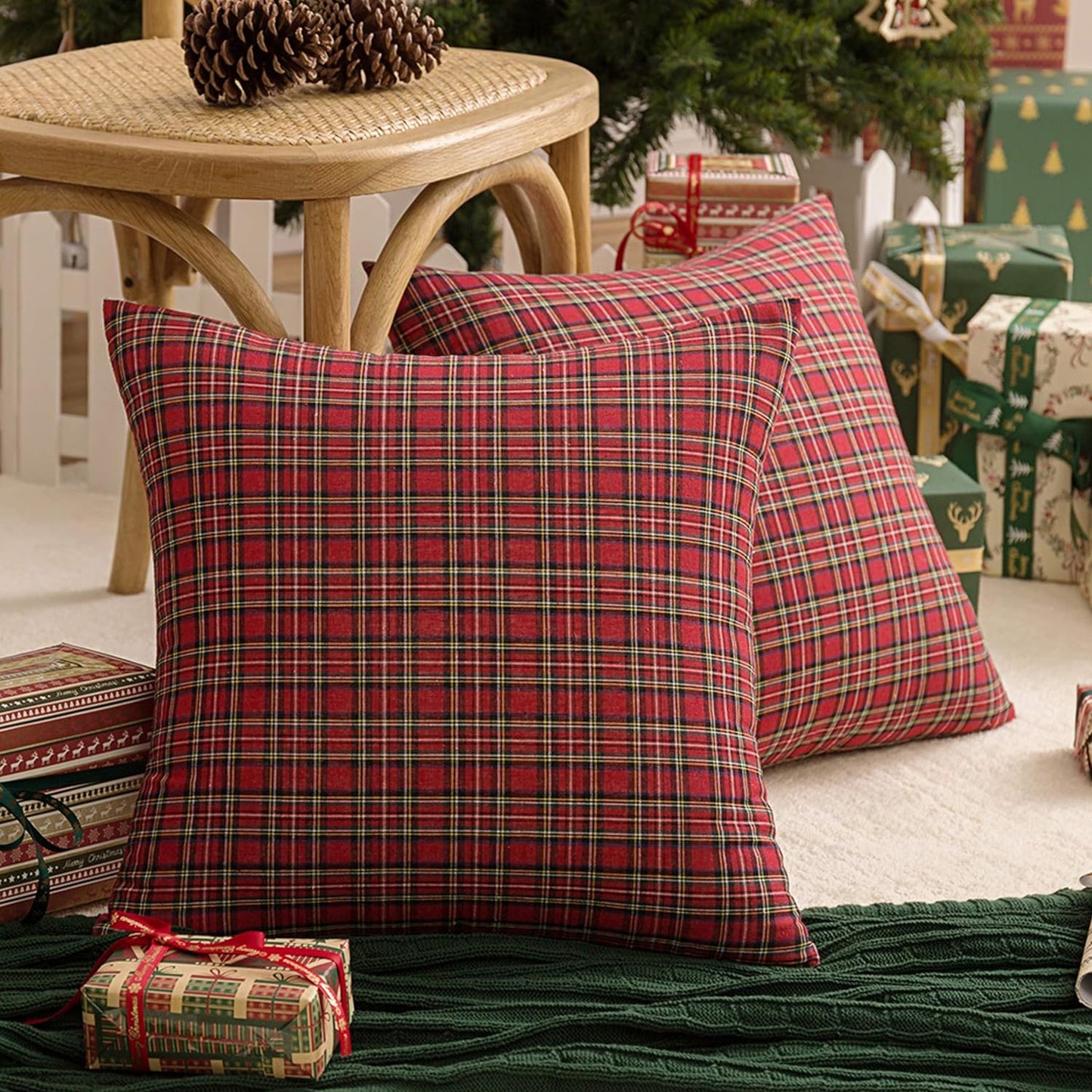 Pack of 2 Christmas Plaid Decorative Throw Pillow Covers Scottish Tartan Cushion Case for Farmhouse Home Holiday Decor Red and Green, 18 X 18 Inches