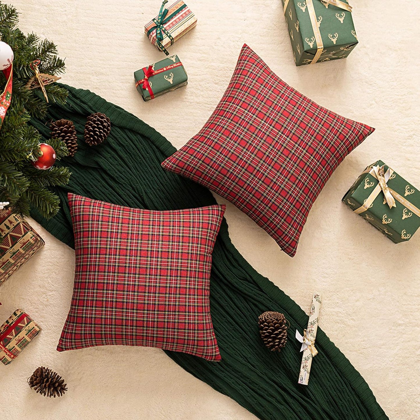 Pack of 2 Christmas Plaid Decorative Throw Pillow Covers Scottish Tartan Cushion Case for Farmhouse Home Holiday Decor Red and Green, 18 X 18 Inches