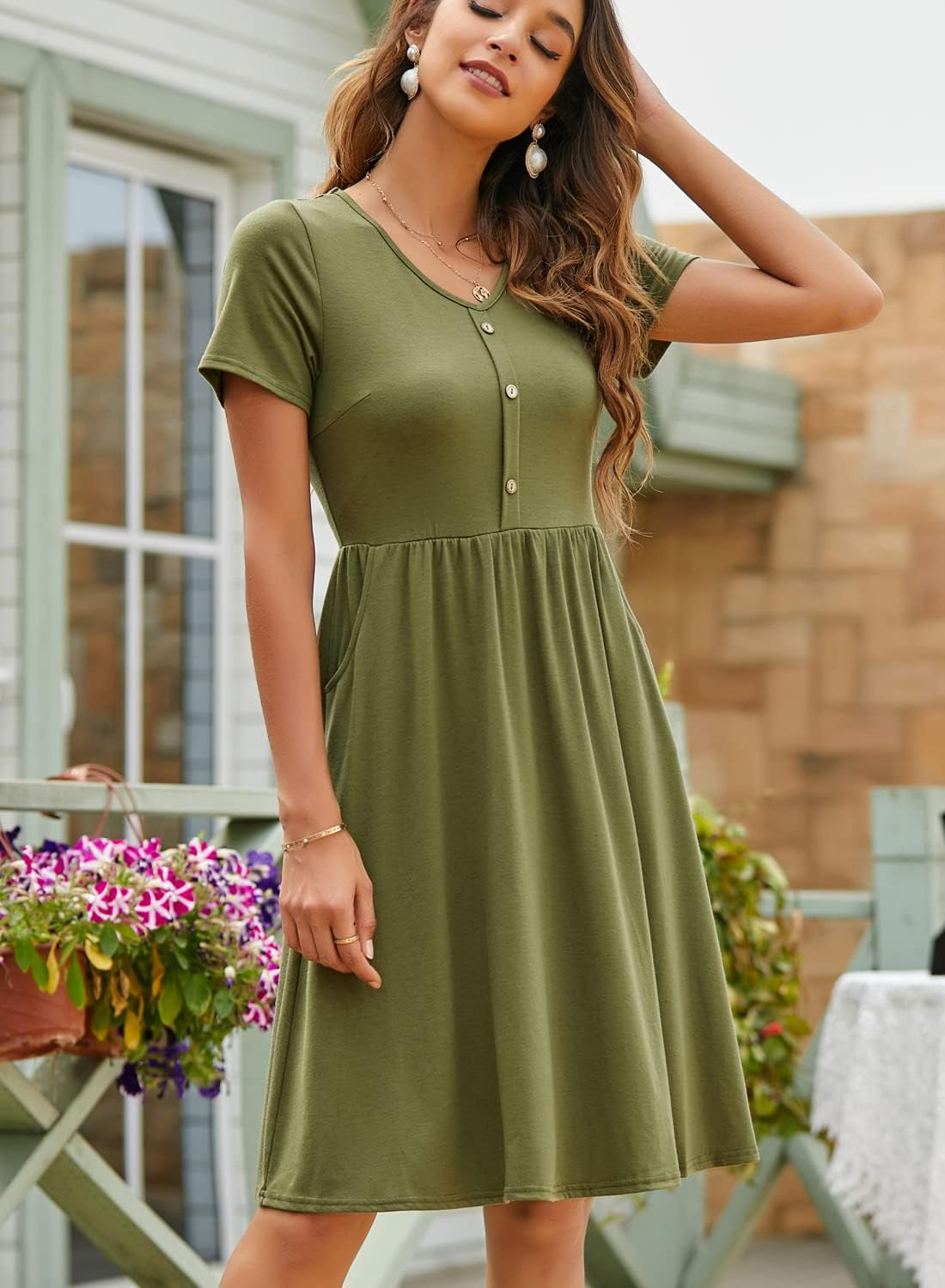 Fall Dresses for Women 2023 with Sleeves Cotton V Neck Button down a Line Casual Dress Pockets