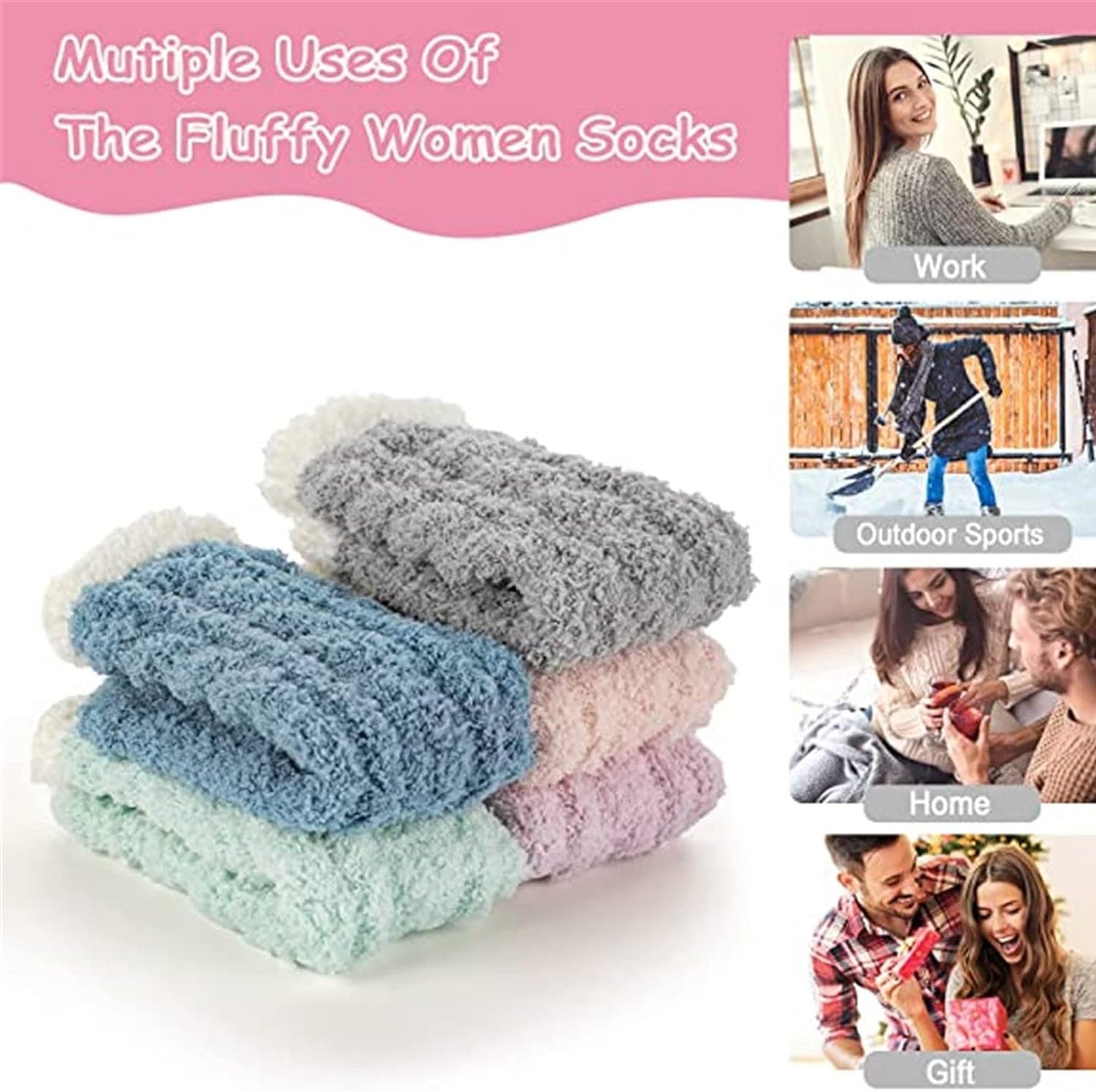 5 Pairs Fuzzy Socks for Women, Warm Soft Fluffy Socks Winter Thick Cozy Plush Slipper Socks