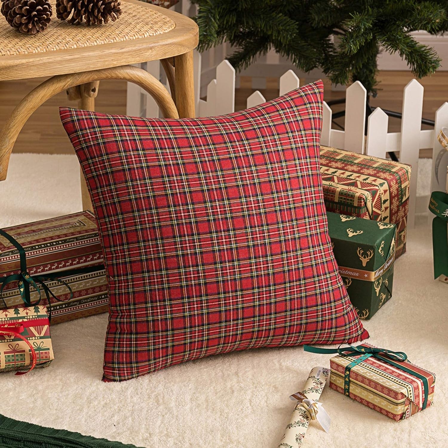 Pack of 2 Christmas Plaid Decorative Throw Pillow Covers Scottish Tartan Cushion Case for Farmhouse Home Holiday Decor Red and Green, 18 X 18 Inches