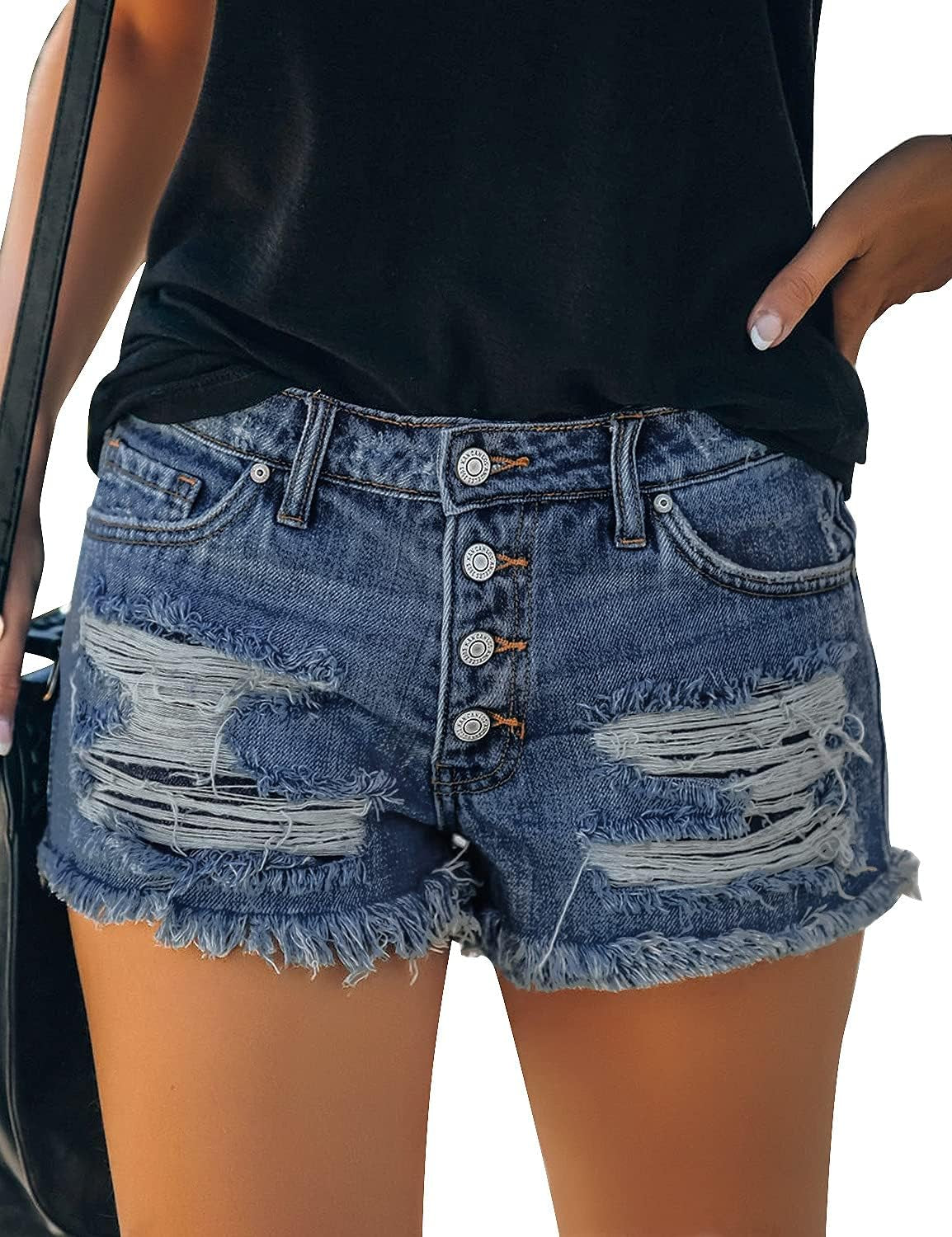 Women Casual Summer Mid Waist Stretchy Ripped Denim Jean Shorts