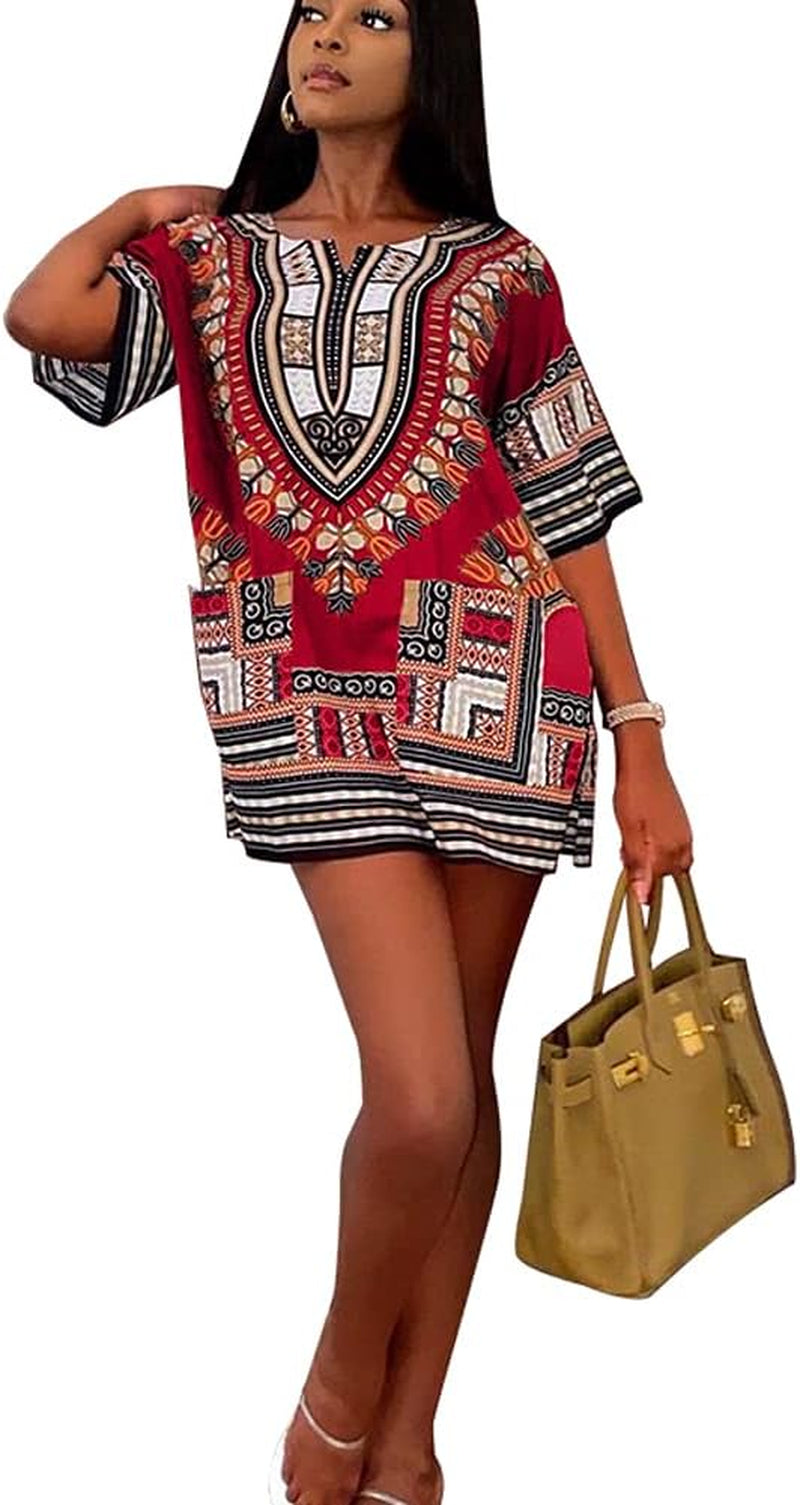 Women'S Casual African Printed Short Sleeve Loose T-Shirt Dress Red M