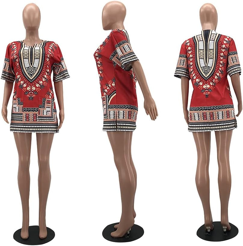 Women'S Casual African Printed Short Sleeve Loose T-Shirt Dress Red M