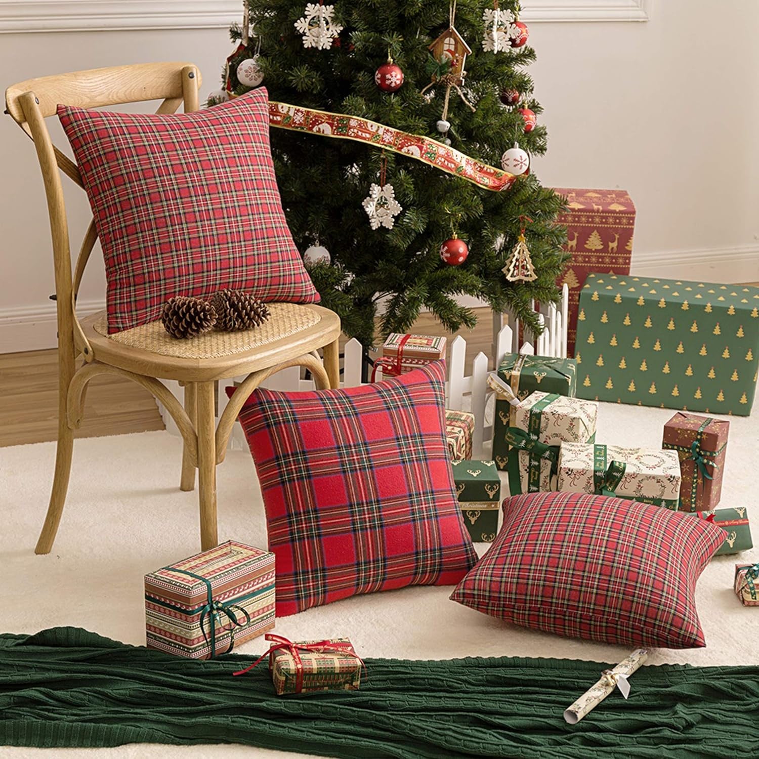 Pack of 2 Christmas Plaid Decorative Throw Pillow Covers Scottish Tartan Cushion Case for Farmhouse Home Holiday Decor Red and Green, 18 X 18 Inches