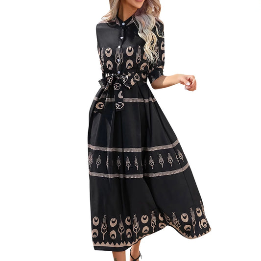 Maxi Dresses for Women round Neck Short Sleeve Western Print Summer Long Dress Tie Waist Vintage Graphics Button Swing a Line Dresses Black Xl