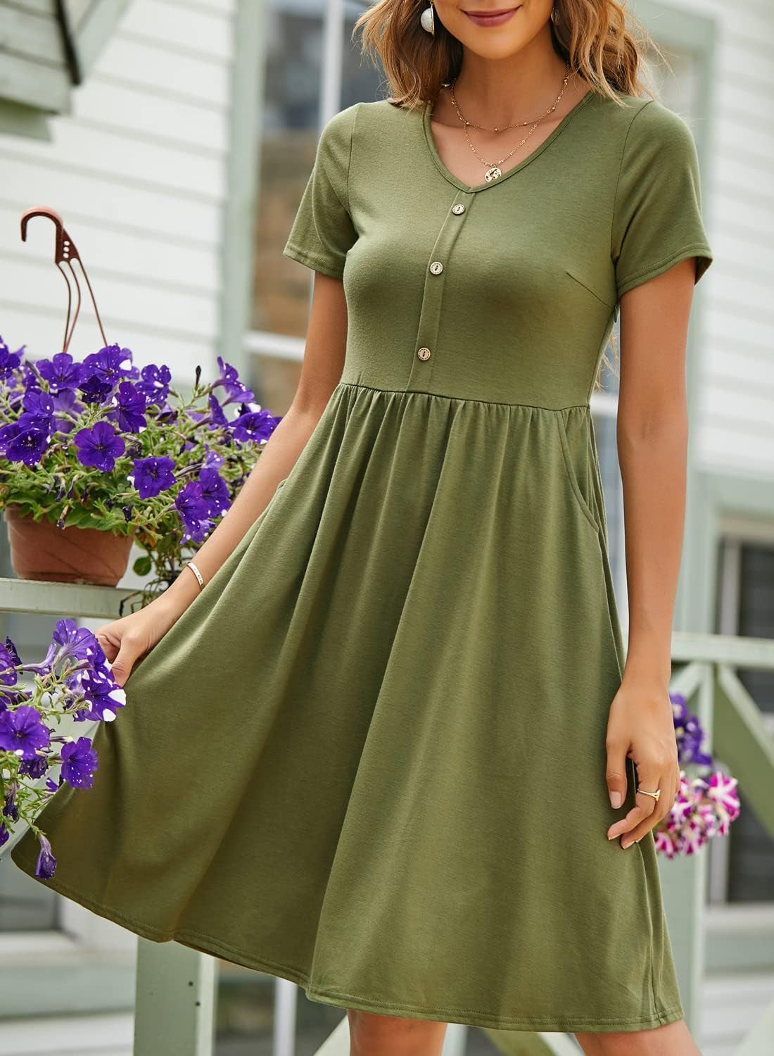 Fall Dresses for Women 2023 with Sleeves Cotton V Neck Button down a Line Casual Dress Pockets