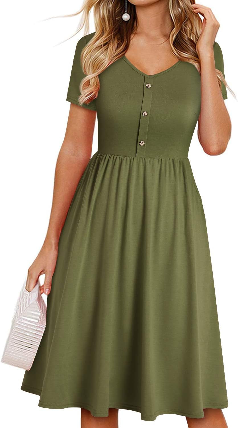 Fall Dresses for Women 2023 with Sleeves Cotton V Neck Button down a Line Casual Dress Pockets