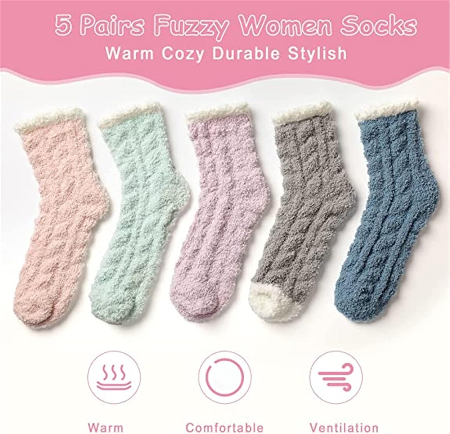 5 Pairs Fuzzy Socks for Women, Warm Soft Fluffy Socks Winter Thick Cozy Plush Slipper Socks